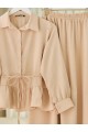 Parçalı Büzgülü Bluz Etekli Takım -Bej