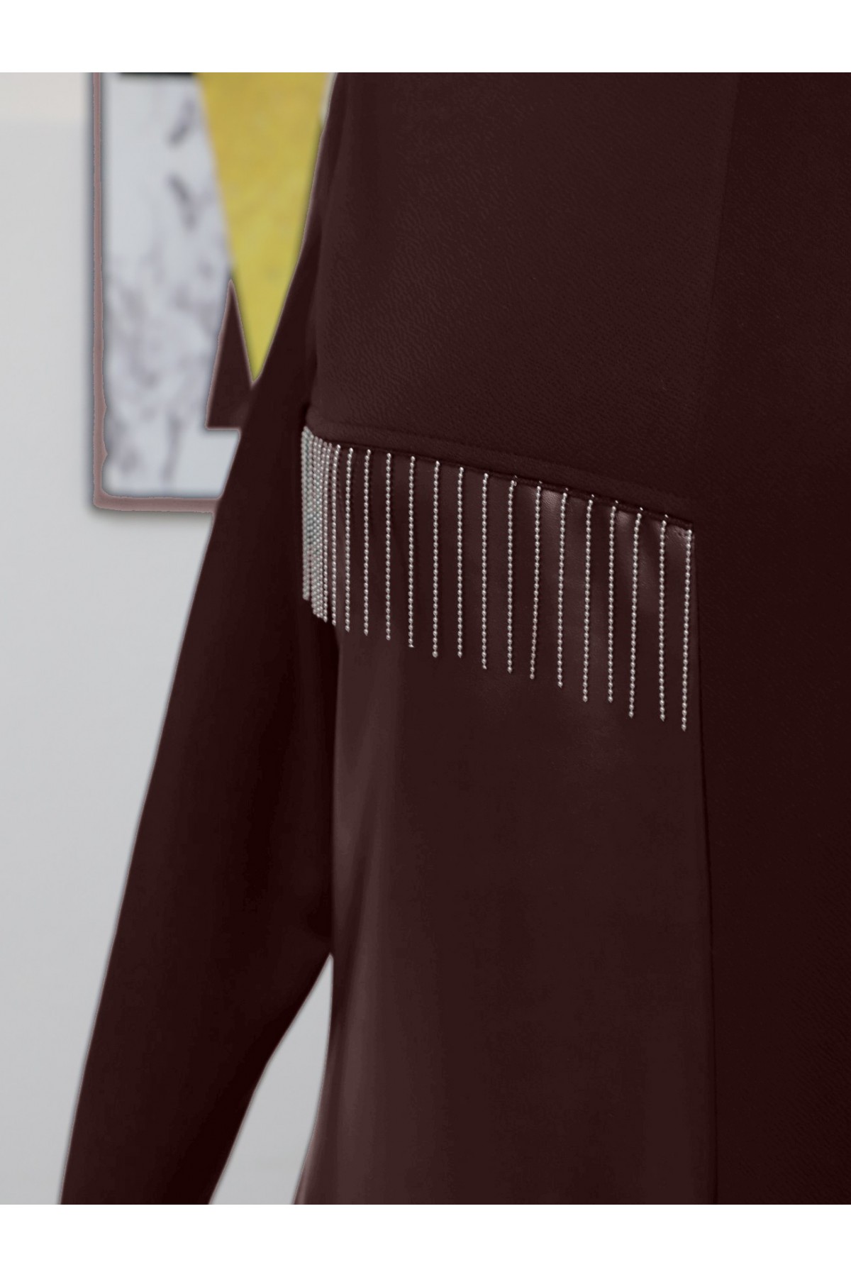 Deri Detaylı Metal Zincirli Elbise  -Kahve