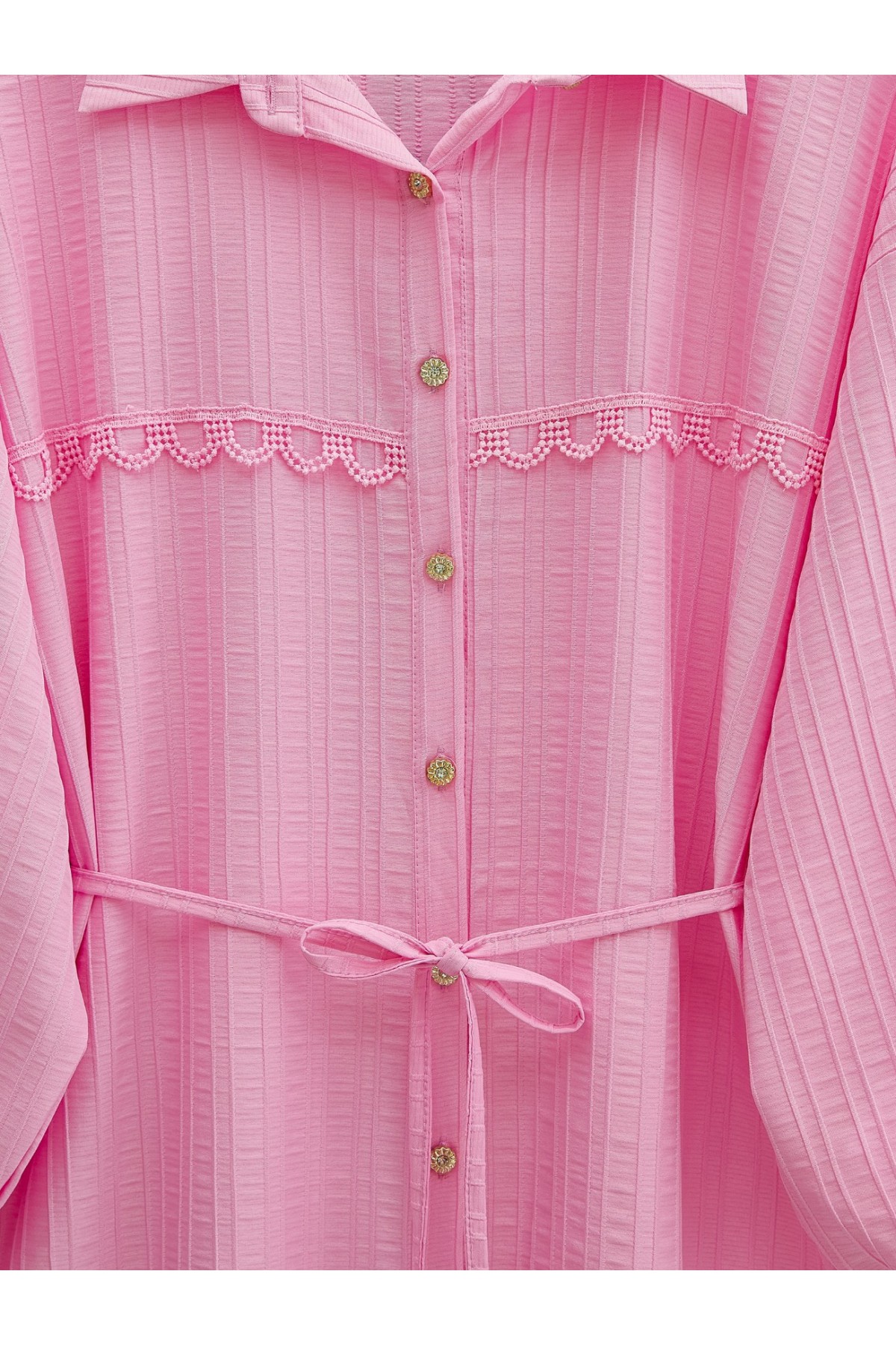 Taşlı Düğmeli Beli Bağlamalı Dantel Detaylı Gömlek -Pembe