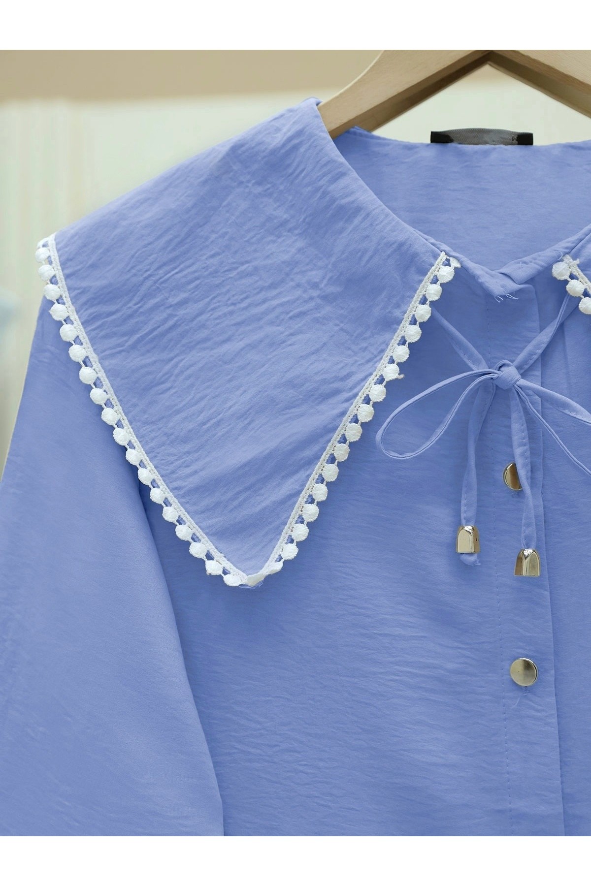 Bebe Yaka Dantelli Kolu Lastikli Gömlek -Mavi