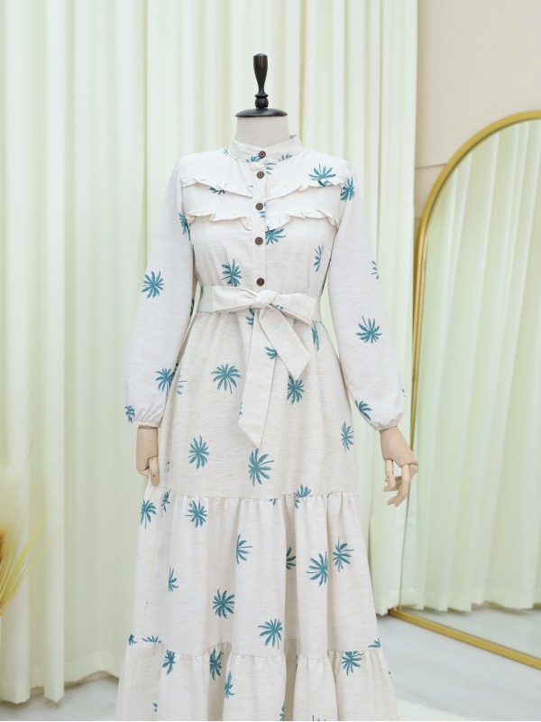 Önü Fırfırlı Yarım Düğmeli Parçalı Keten Elbise  -Petrol