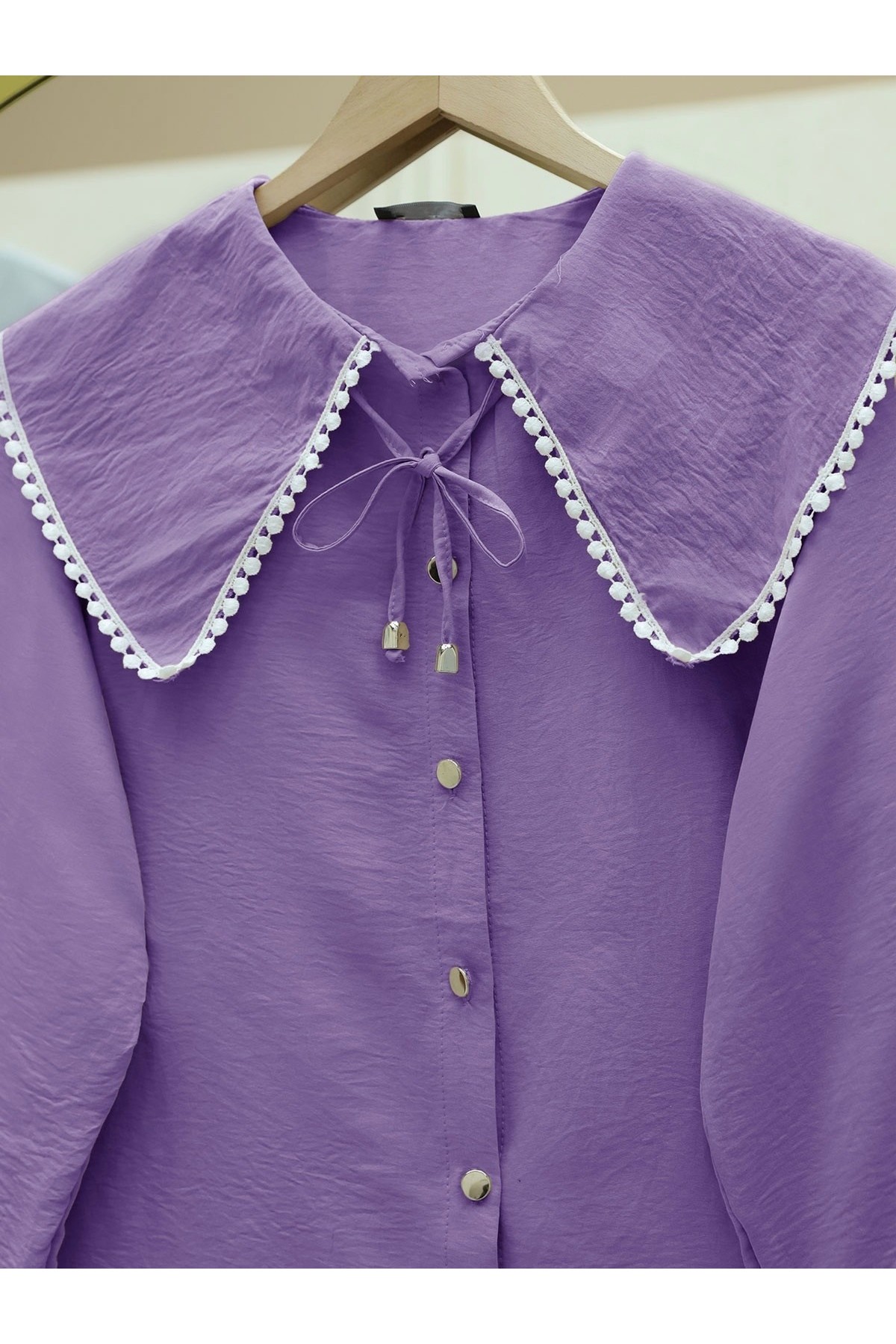 Bebe Yaka Dantelli Kolu Lastikli Gömlek -Lila