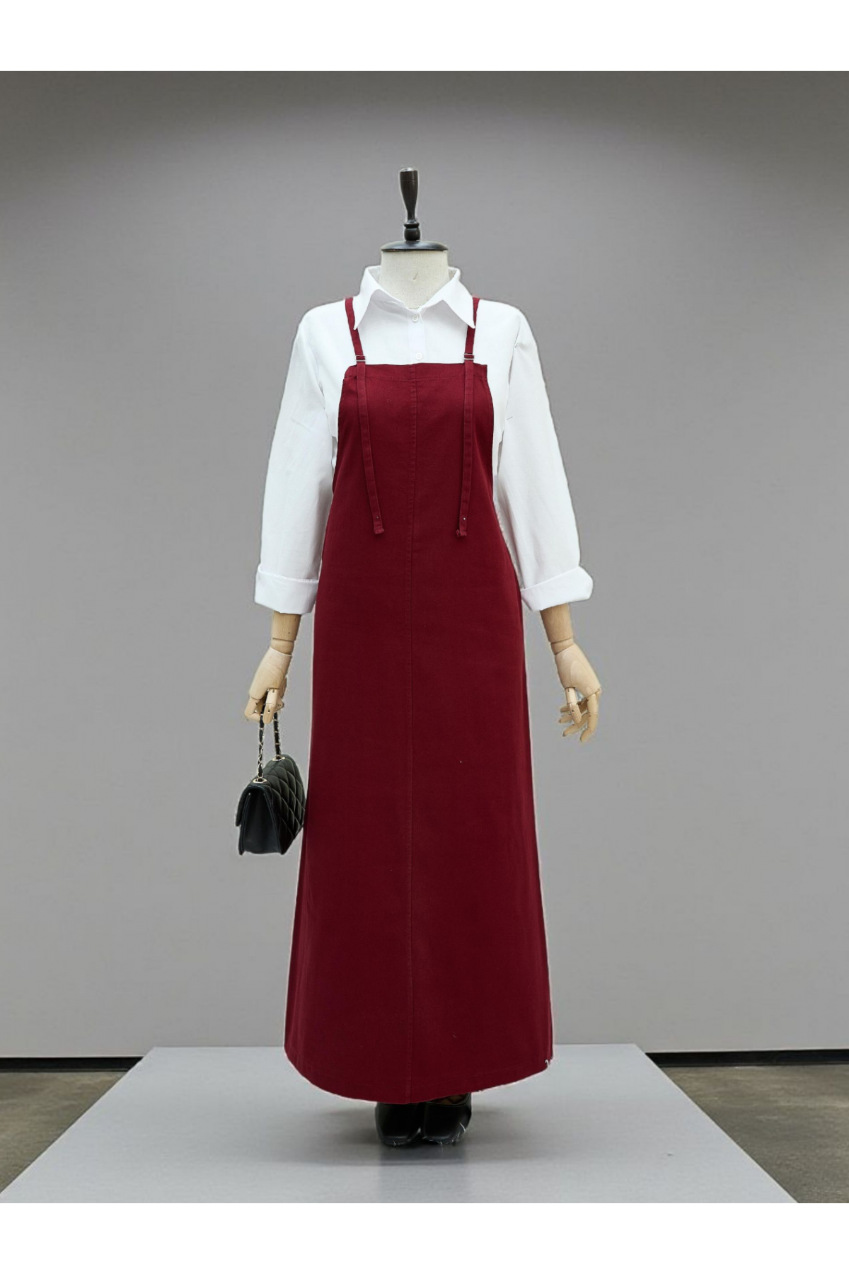 Askılı Gabardin Jile Elbise -Bordo