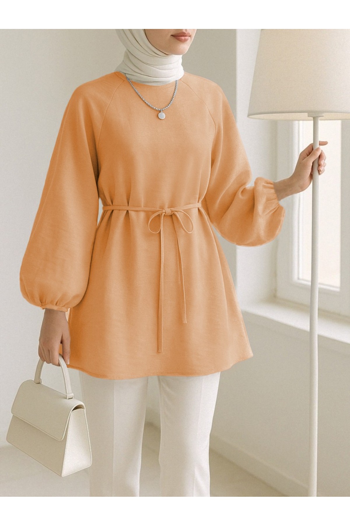 Yuvarlak Yaka Beli Bağcıklı Balon Kol Tunik   -Turuncu