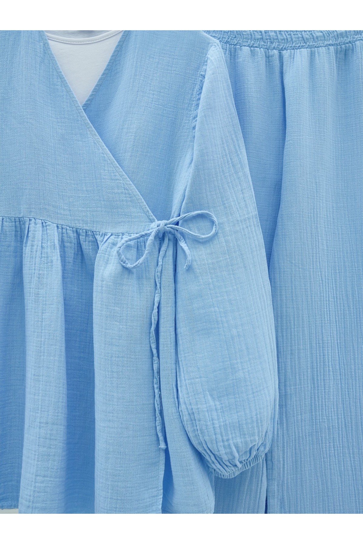 Kolu Lastikli İp Bağcıklı Müslin Takım -Mavi