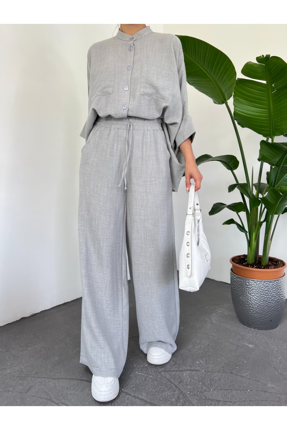 Çift Cepli Yarım Yarasa Kol Salaş Gömlek Takım -Gri