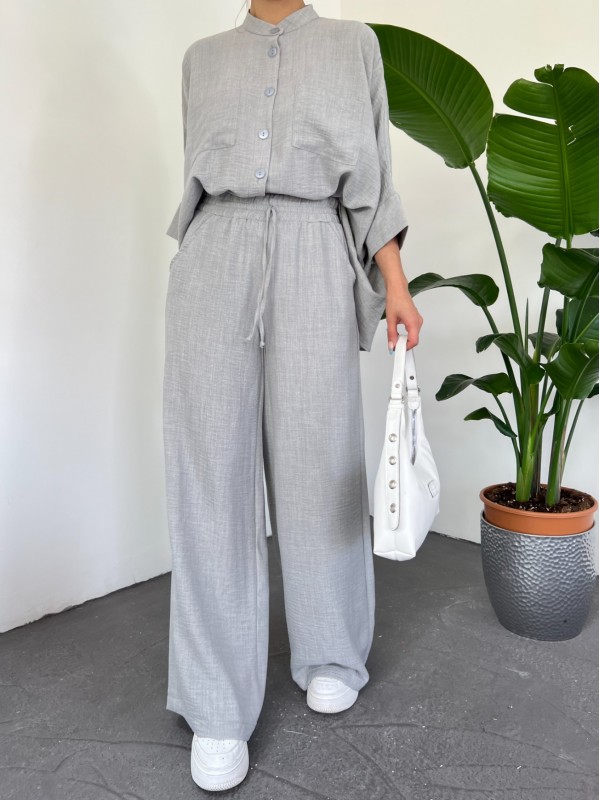 Çift Cepli Yarım Yarasa Kol Salaş Gömlek Takım -Gri