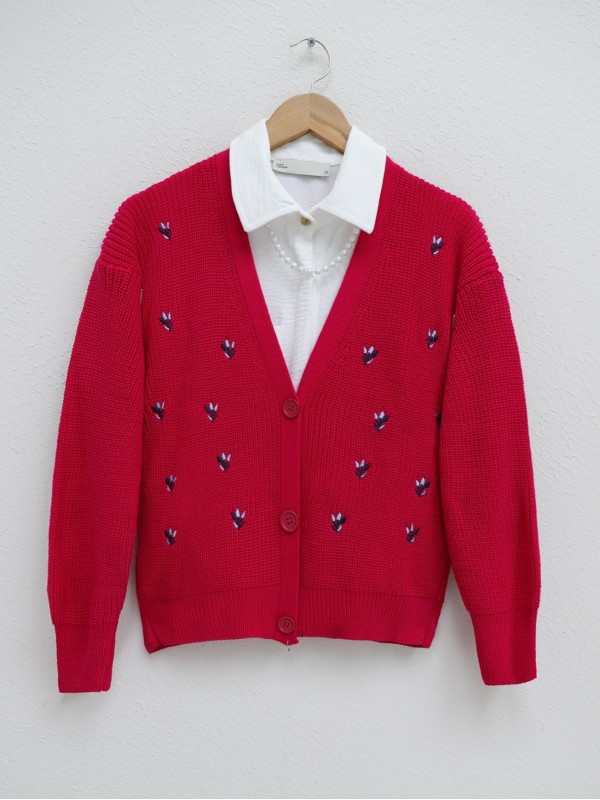 Nakışlı Üç Düğmeli Bel Boy Hırka -Fuşya