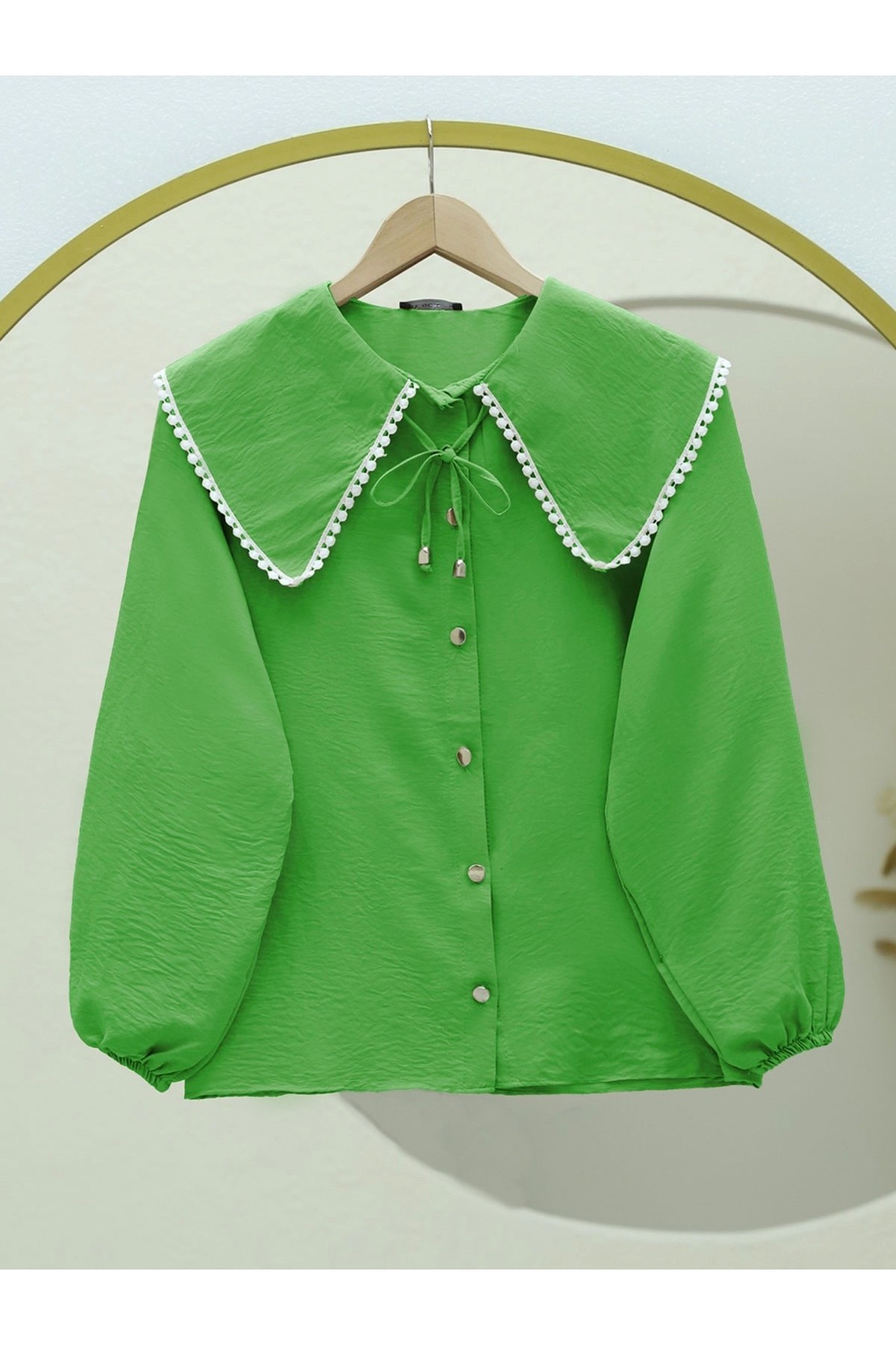 Bebe Yaka Dantelli Kolu Lastikli Gömlek  -Yeşil