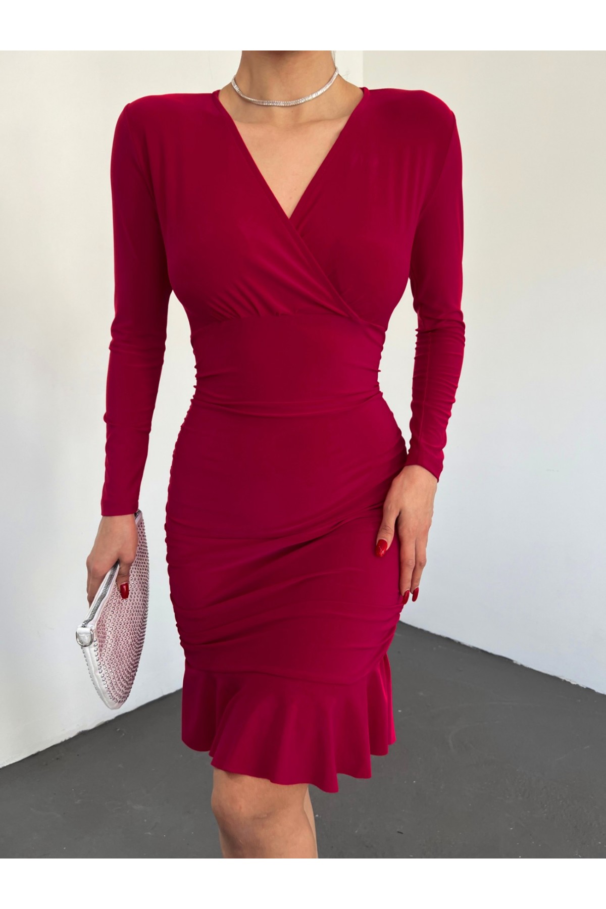 Yanları Lastikli Eteği Volanlı Sandy Mini Elbise -Kırmızı