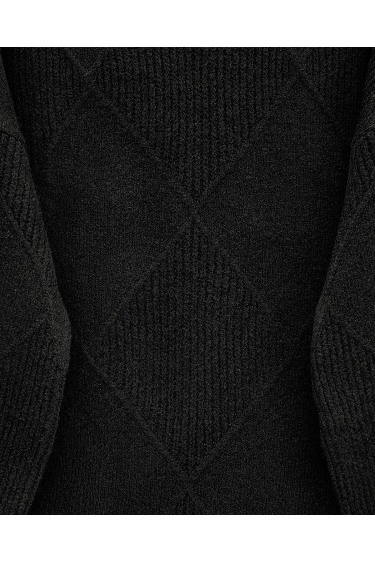 Yuvarlak Yaka Baklava Desen Yırtmaçlı Triko Kazak -Siyah