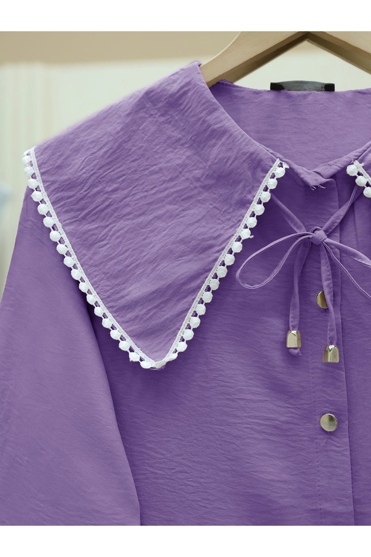 Bebe Yaka Dantelli Kolu Lastikli Gömlek -Lila