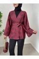 Dijital Baskılı Beli Kemerli Kapitone Kimono -Kırmızı