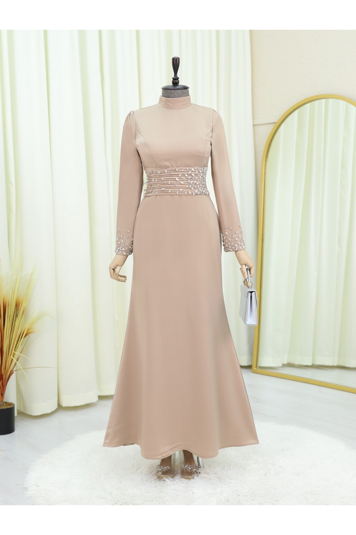 Korse Kemerli Taşlı Saten Abiye  -Açık Vizon