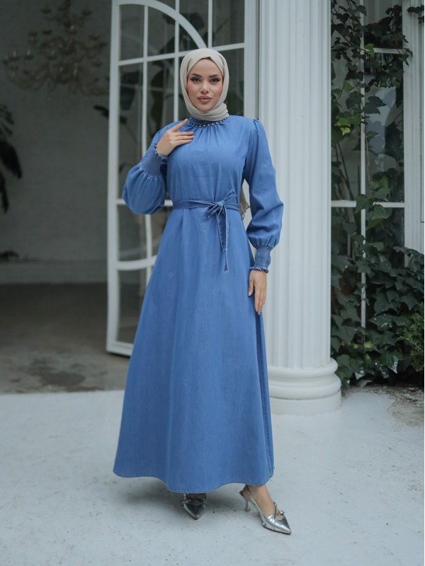 Kolu Lastikli Yakası Taşlı Kot Elbise -Mavi