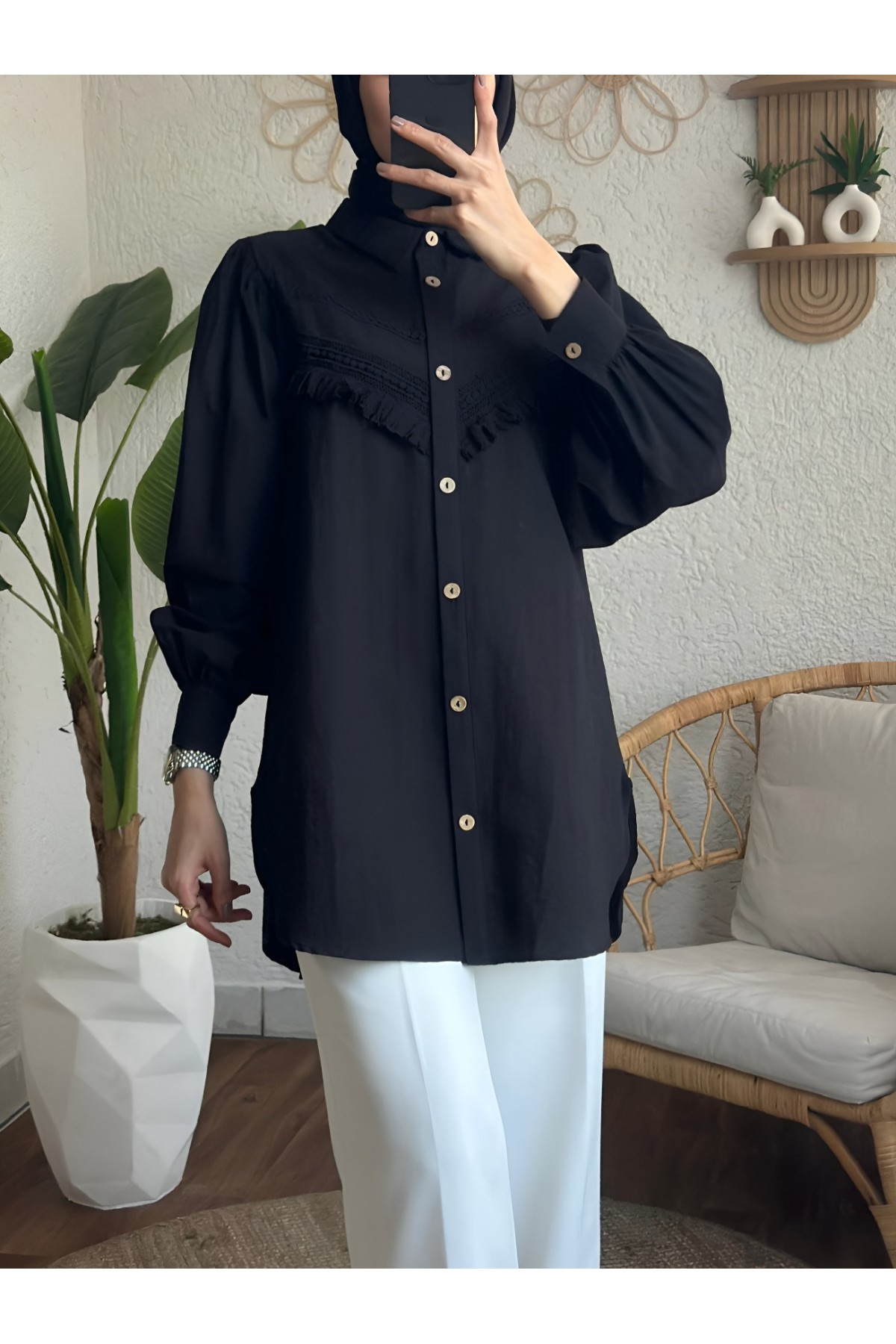 Güpür Püsküllü Ham Cupra Balon Kol Gömlek -Siyah