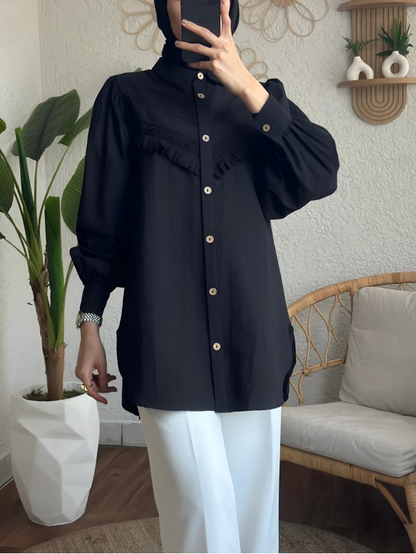 Güpür Püsküllü Ham Cupra Balon Kol Gömlek -Siyah