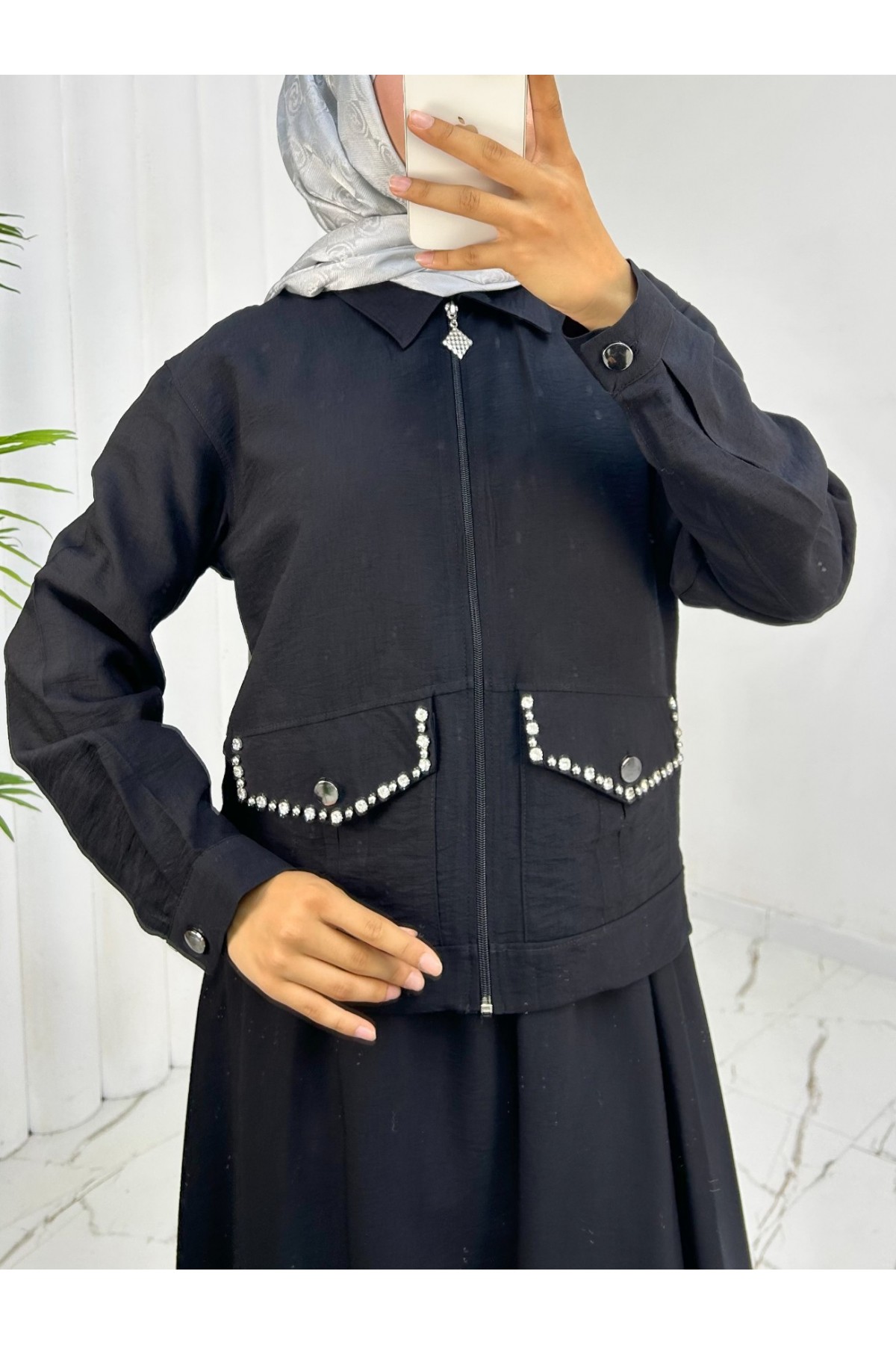 Fermuarlı Ceketli Beli Lastikli Etekli Keten Takım -Siyah