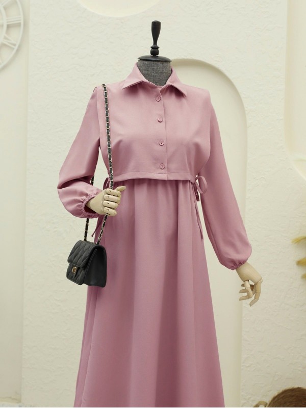 Üstü Gömlek Detaylı Elbise Takım   -Pudra