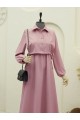 Üstü Gömlek Detaylı Elbise Takım   -Pudra