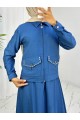 Fermuarlı Ceketli Beli Lastikli Etekli Keten Takım -Mavi