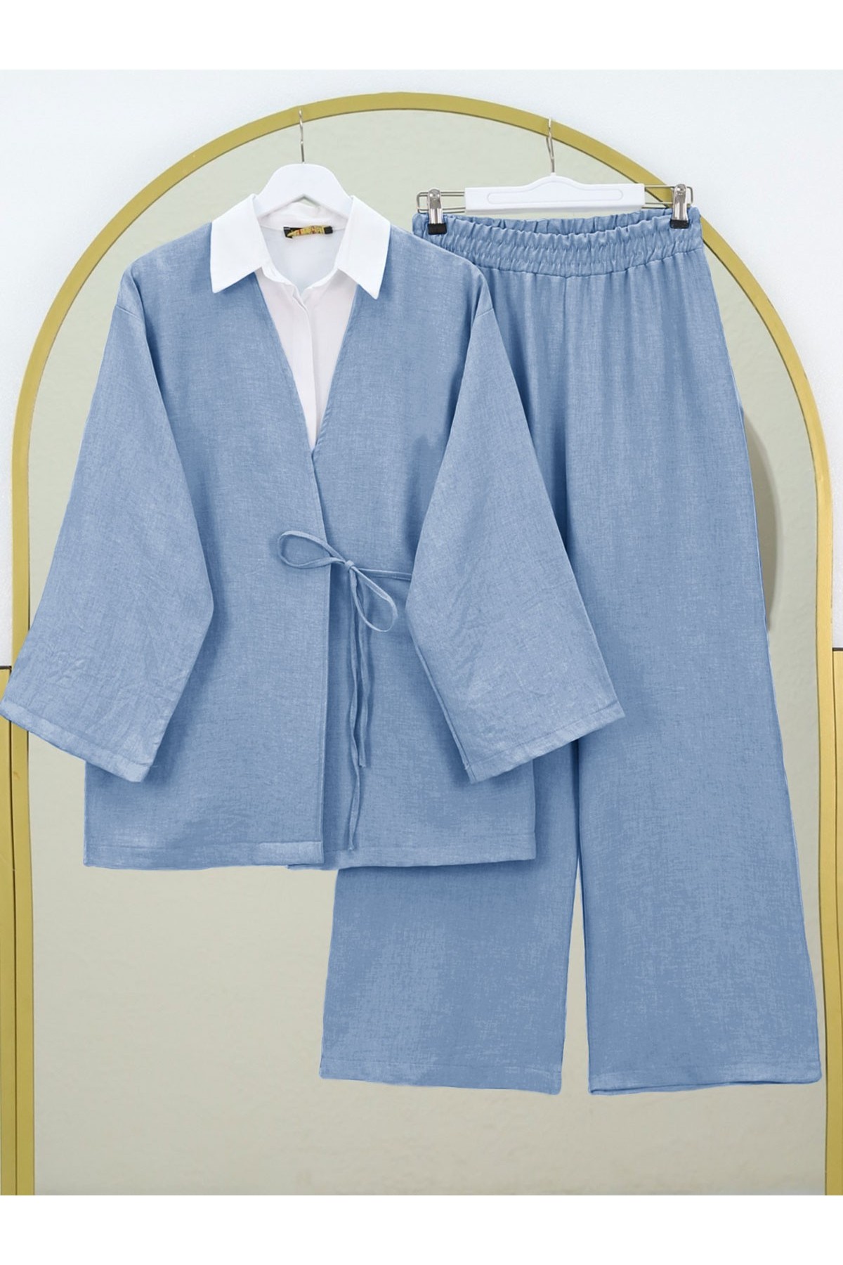 Önden Bağlamalı Pantolonlu Kimono Takım        -Mavi