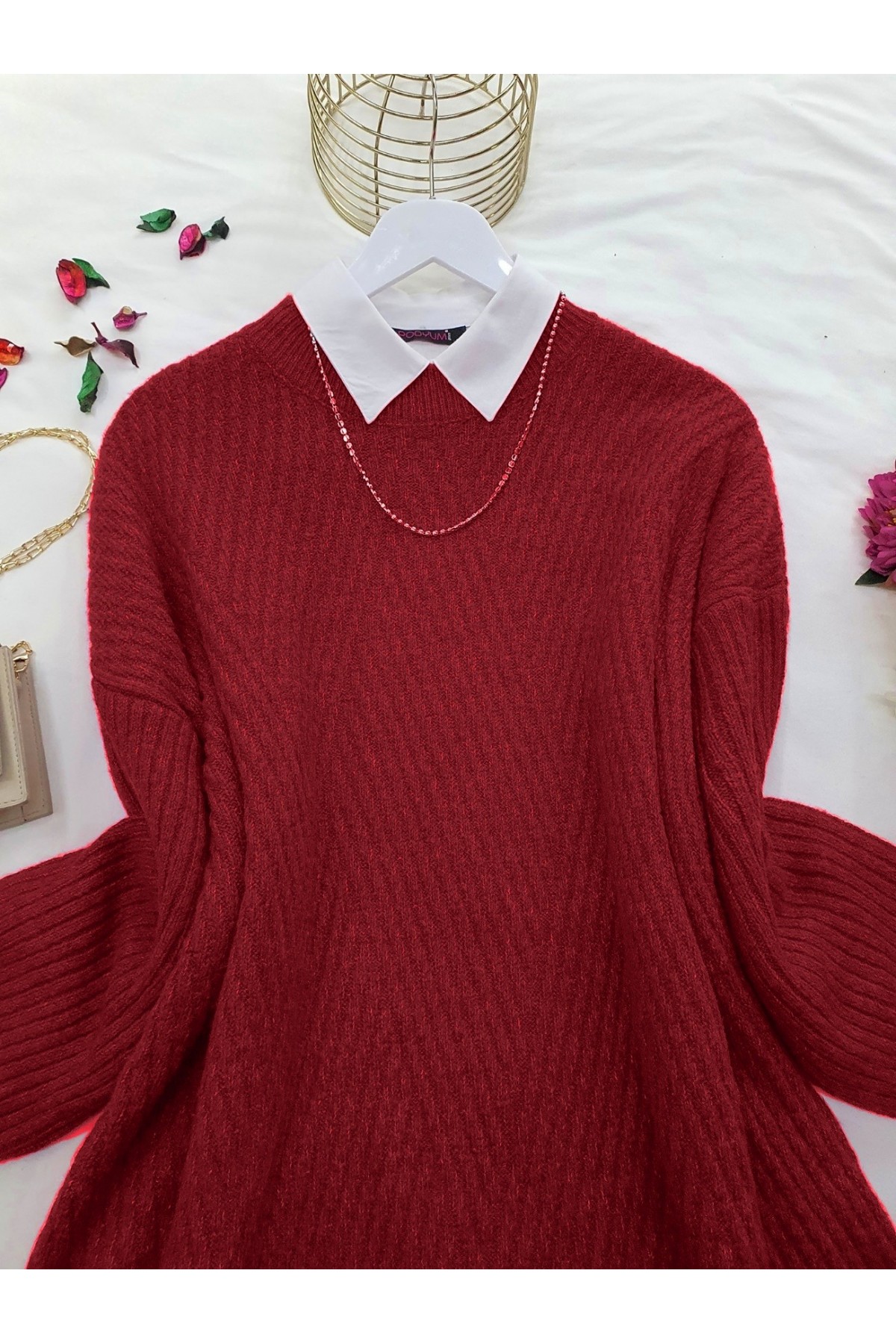 Bisiklet Yaka Baklava Desen Triko Kazak    -Kırmızı