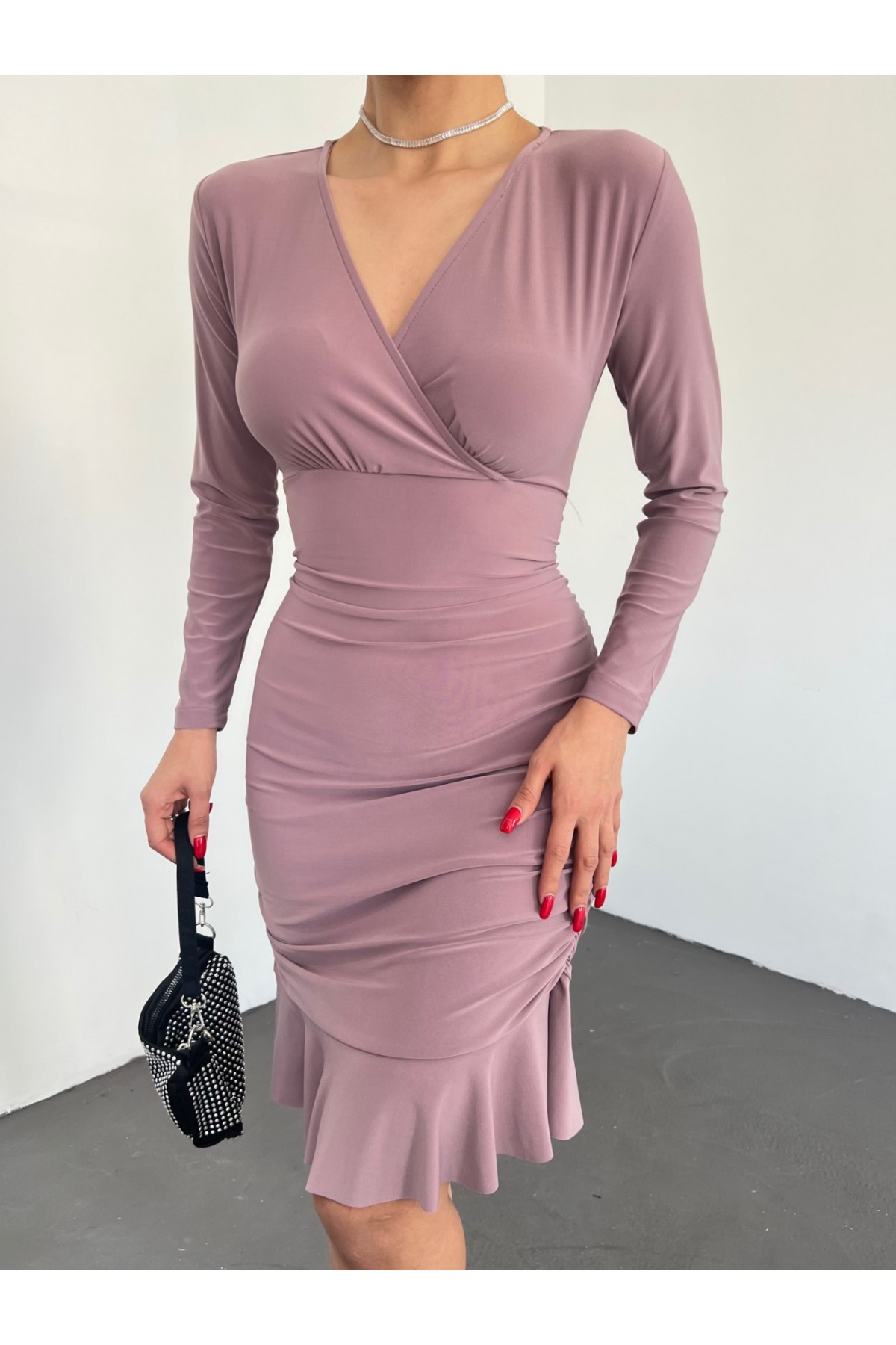 Yanları Lastikli Eteği Volanlı Sandy Mini Elbise -Vizon