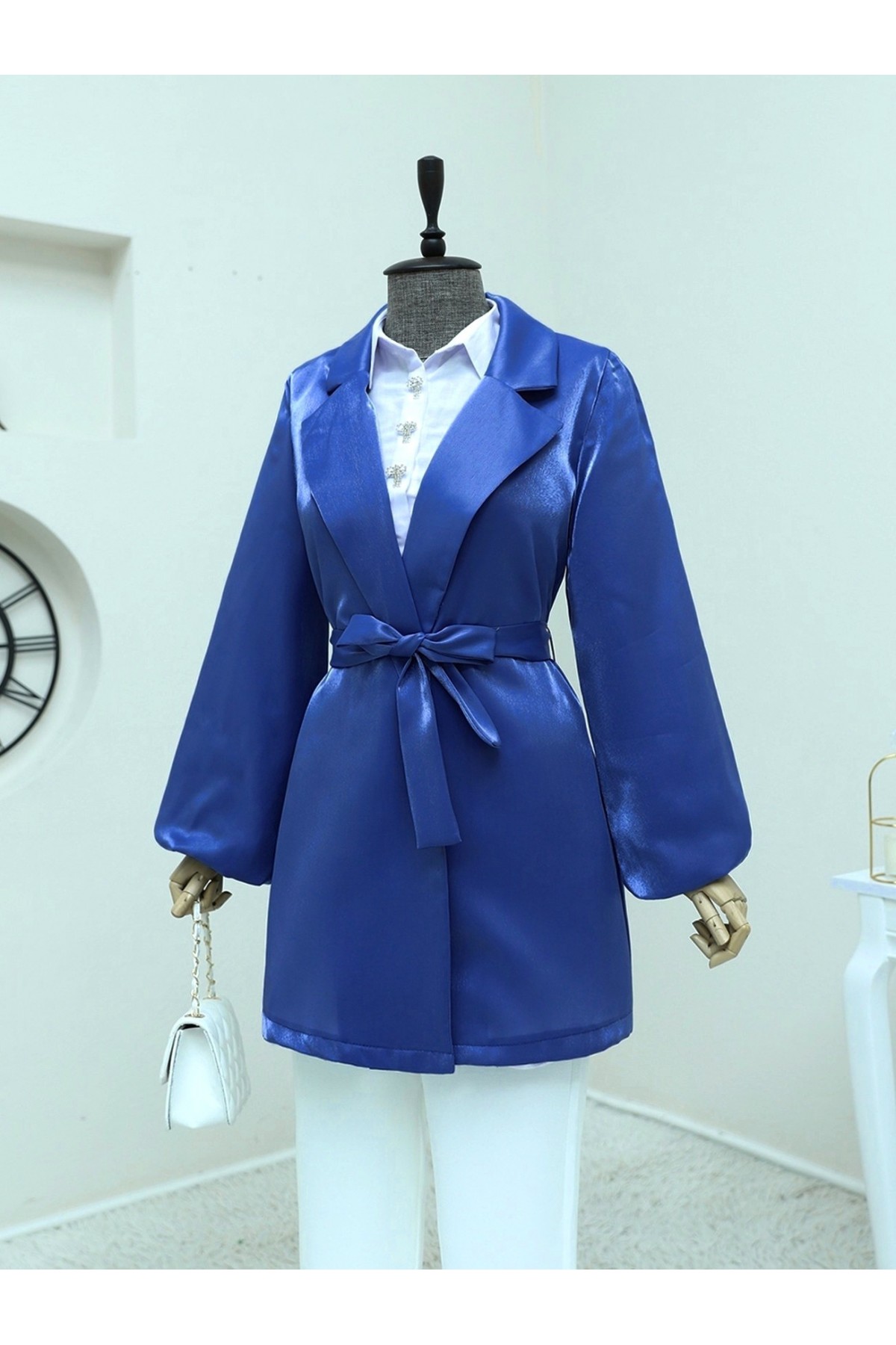 Kolları Volanlı Bağcıklı Saten Ceket  -Saks