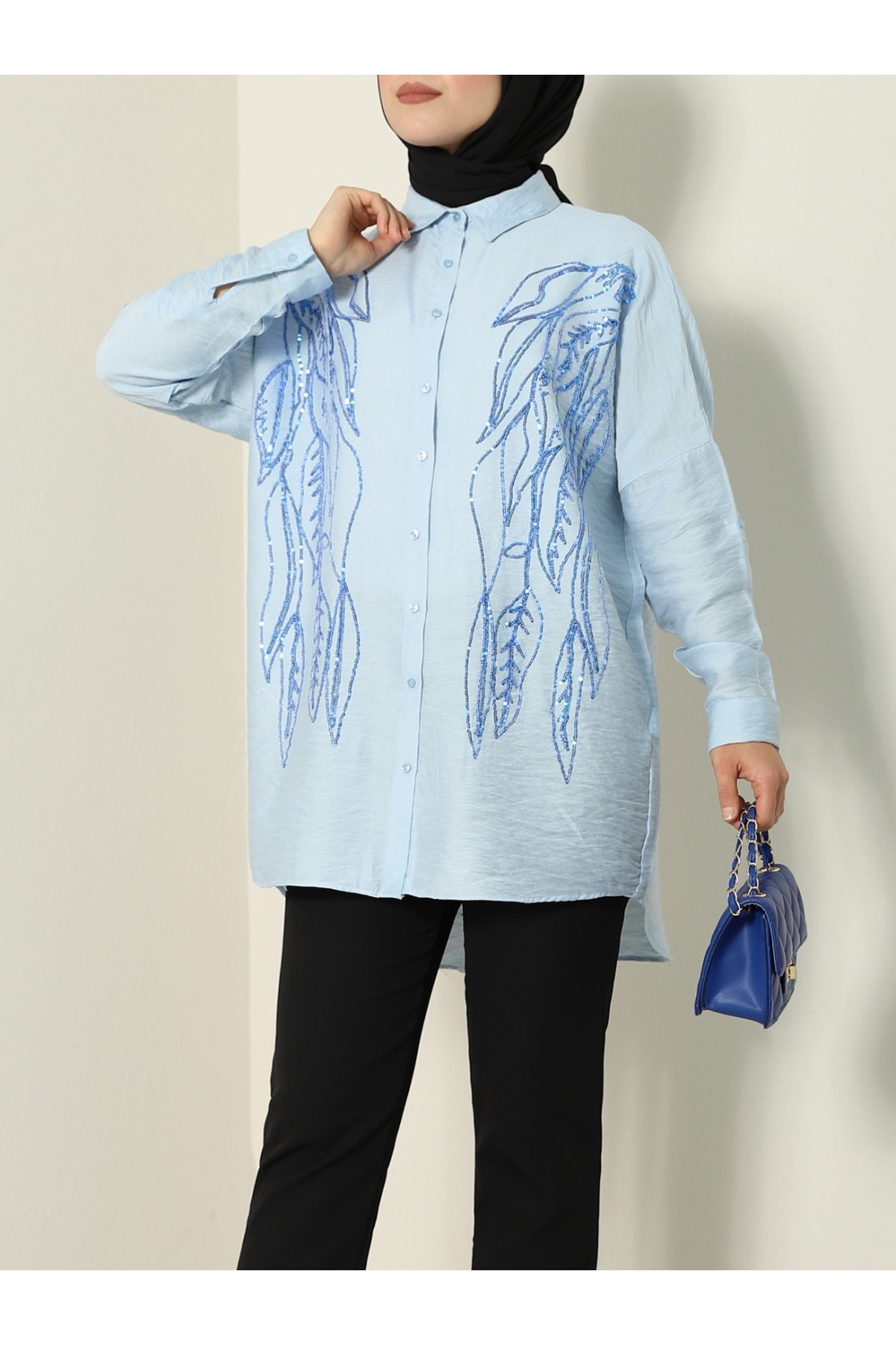 Yaprak Desen Pul Payet Gömlek -Bebe Mavi