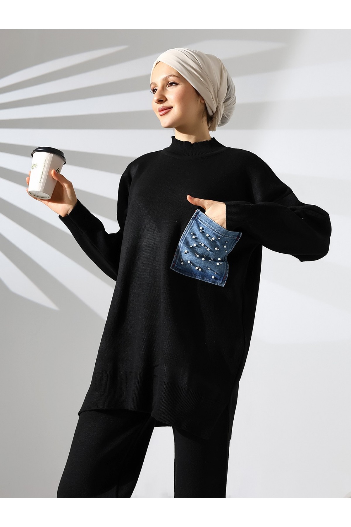 Tek Cepli İncili Triko Takım -Siyah