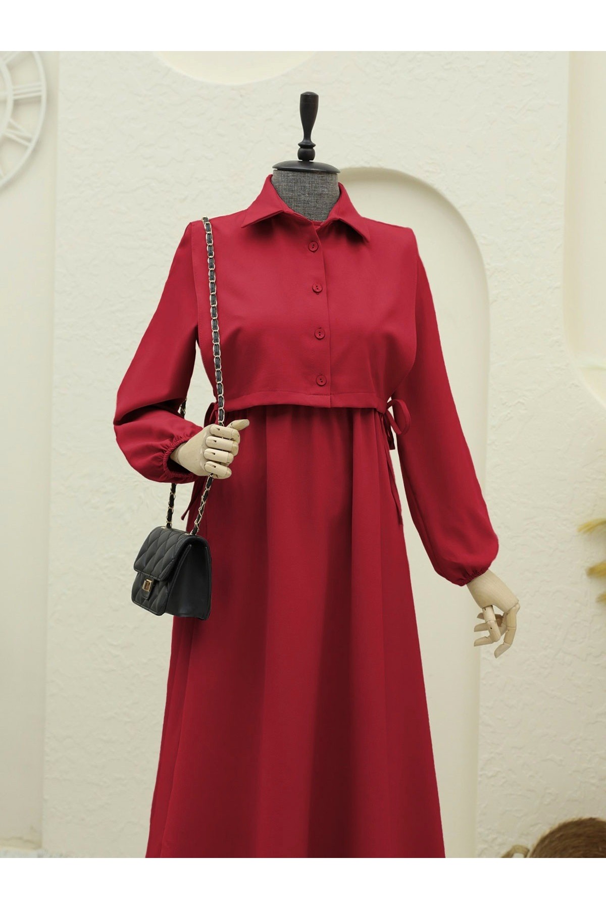 Üstü Gömlek Detaylı Elbise Takım    -Kırmızı