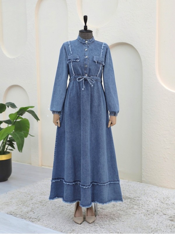 Eteği Püsküllü Tünel Bağcıklı Kot Elbise -Buz Mavi