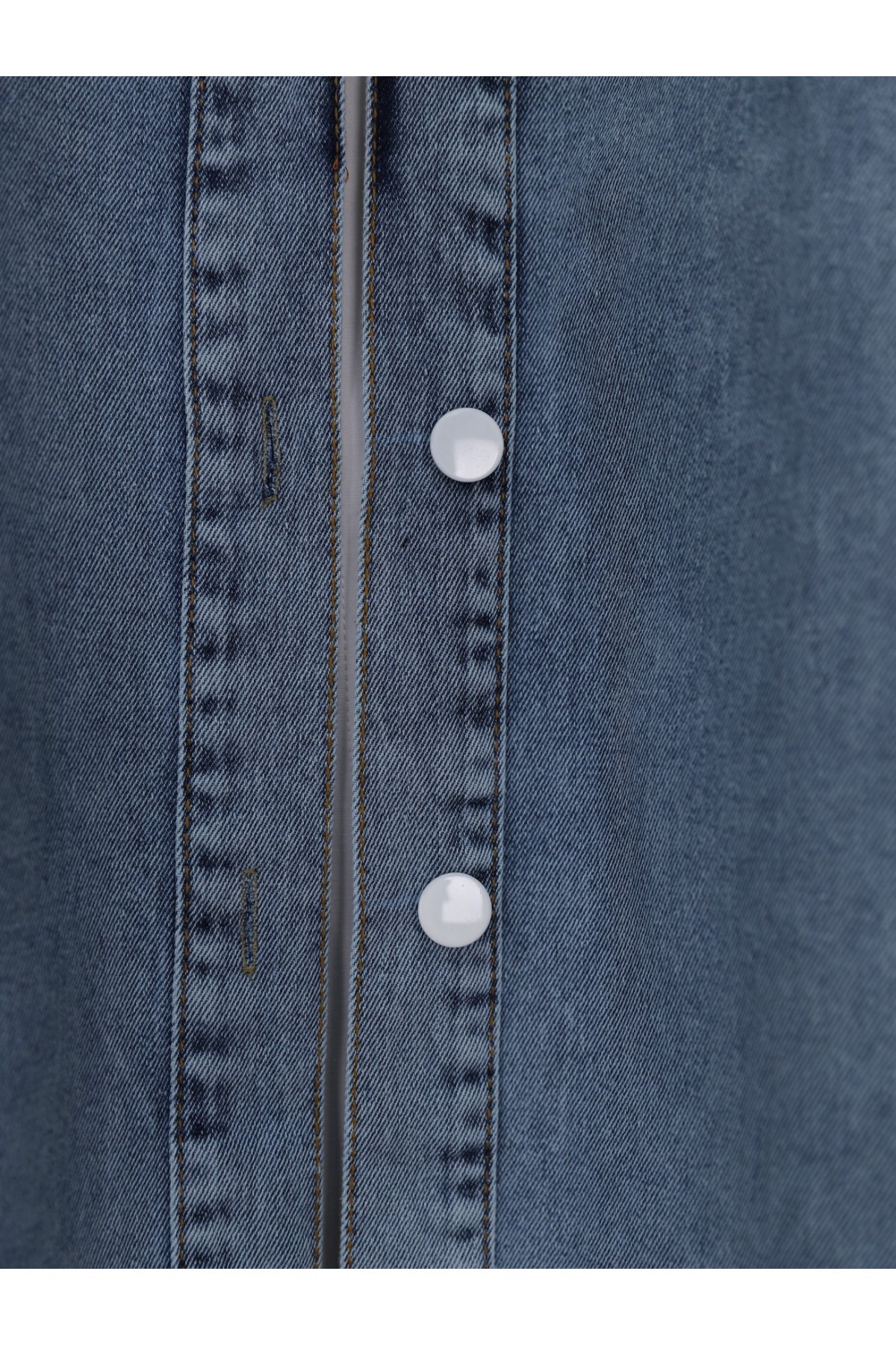 Kapşonlu Düğmeli Oval Kesim Kot Kap -Buz Mavi