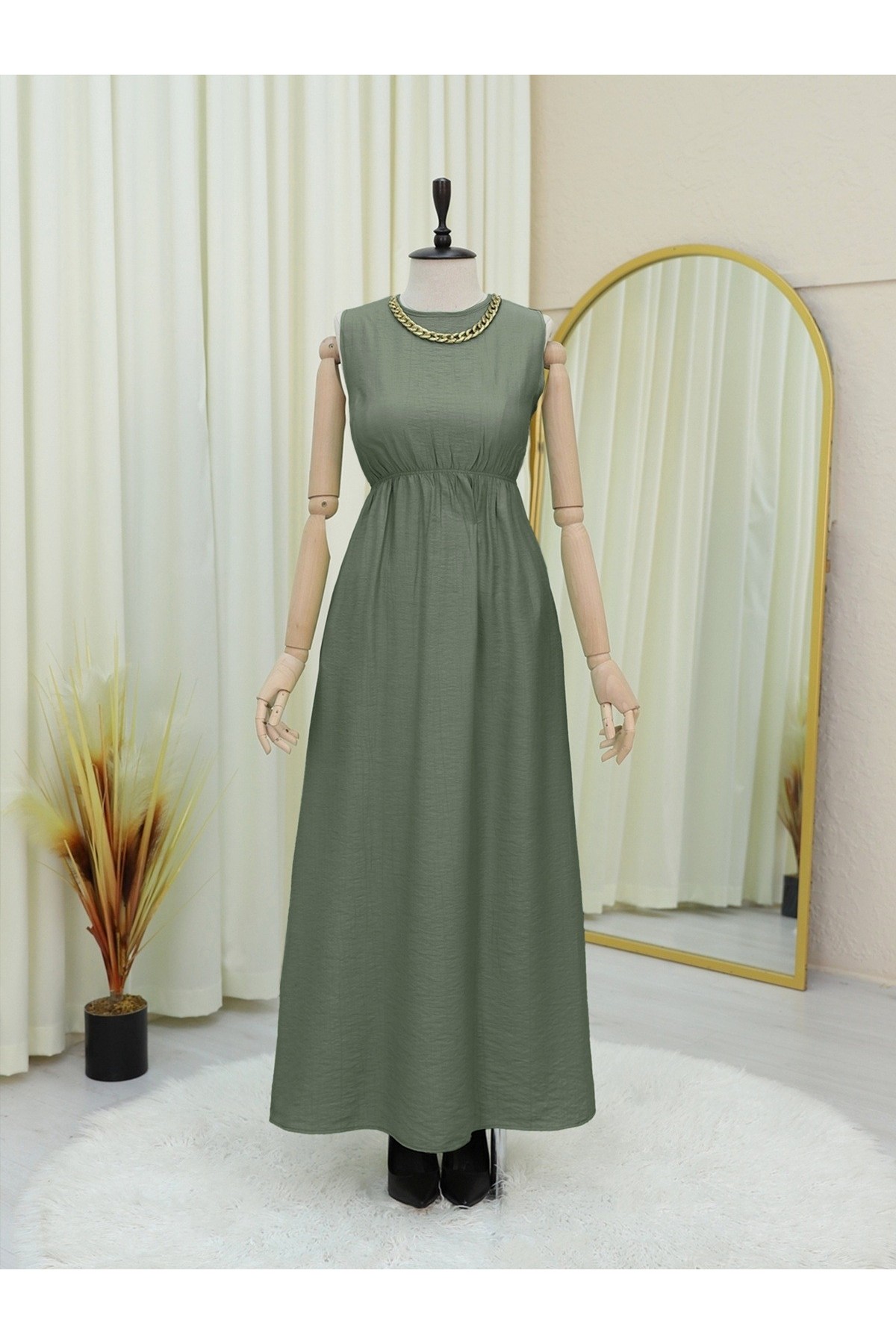 Metal Düğmeli Beli Bağlamalı Gömlek Jile Elbise -Haki