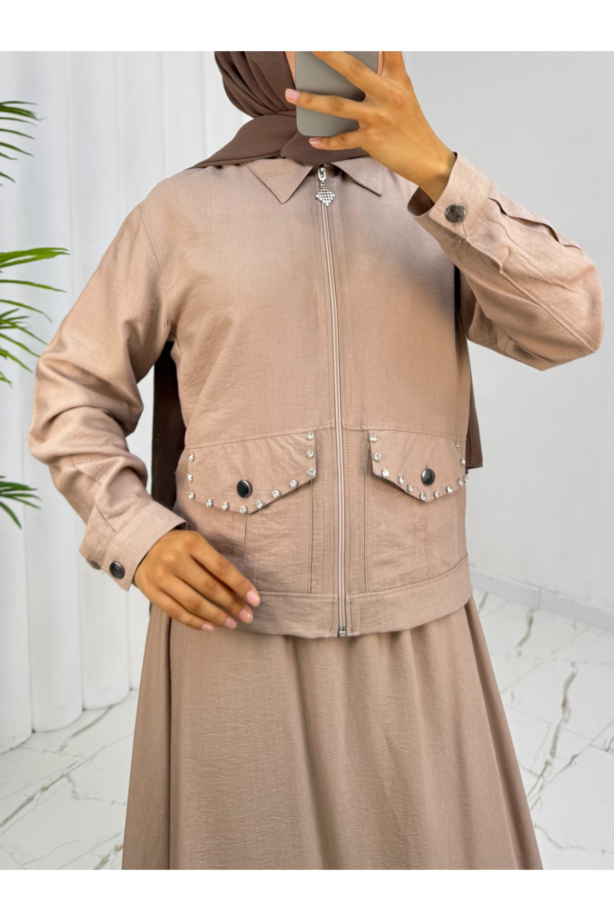 Fermuarlı Ceketli Beli Lastikli Etekli Keten Takım  -Vizon