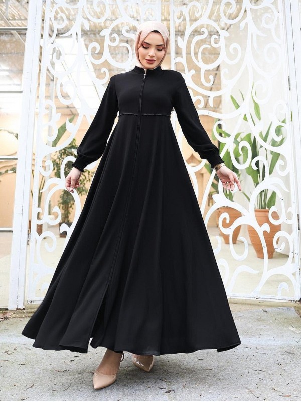 Beli Fistolu Omuzları Vatkalı Kolu Lastikli Ferace -Siyah