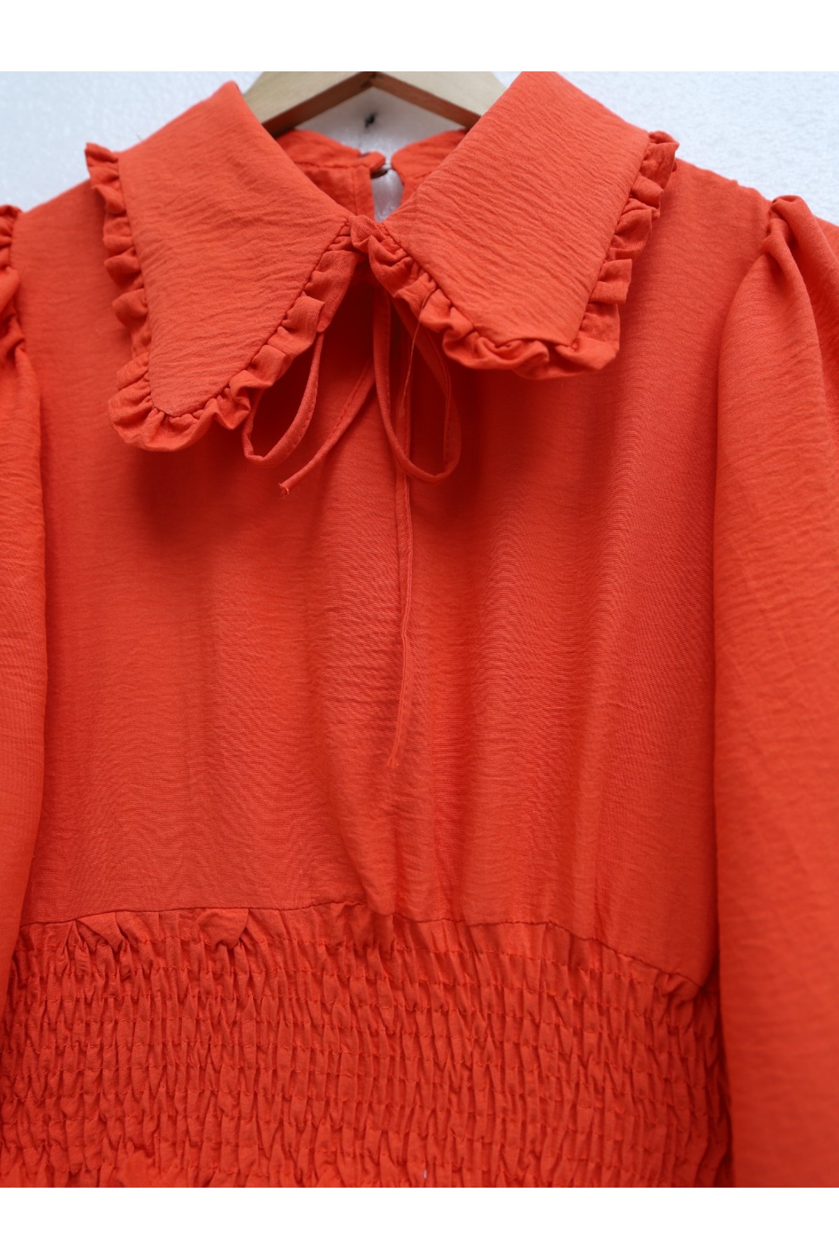 Beli Lastikli Bebe Yaka Uzun Kol Bluz -Nar Çiçeği