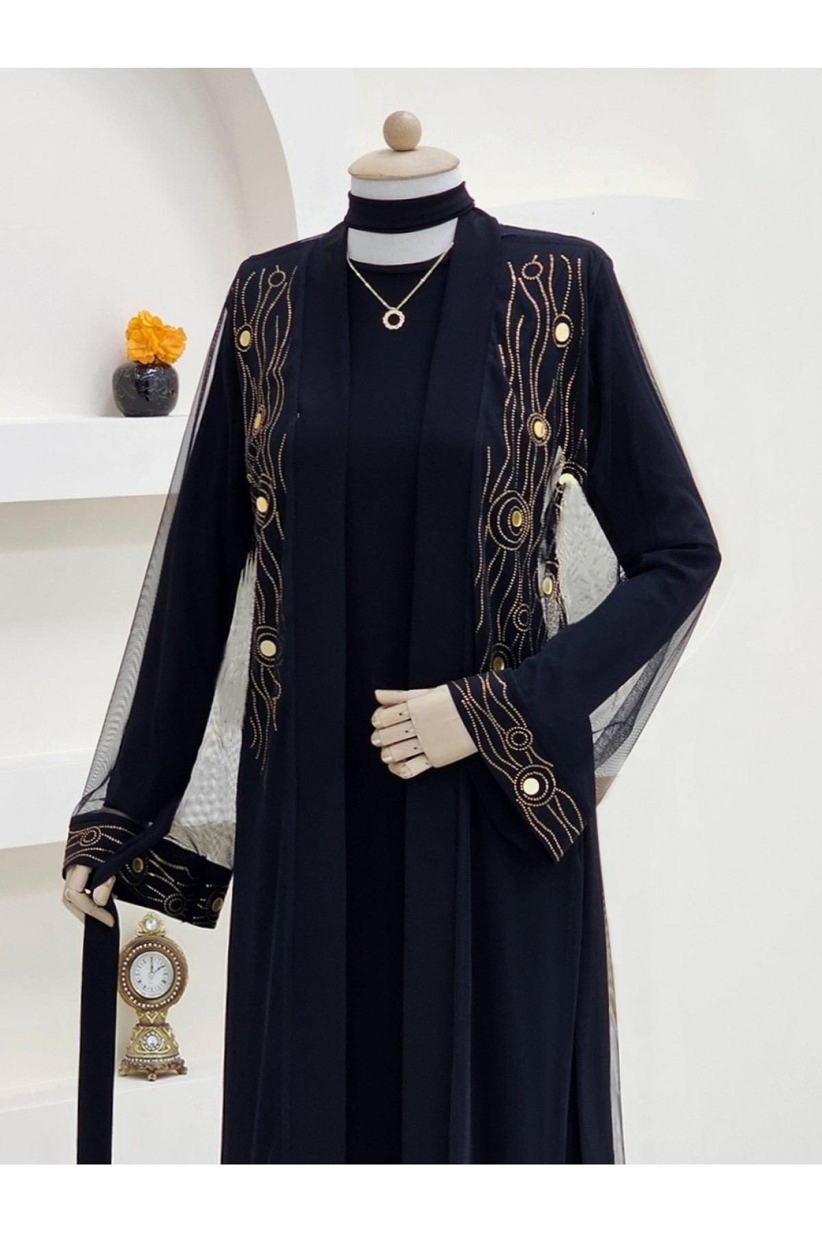 Önü Ve Manşeti Taşlı Abaya  -Bakır