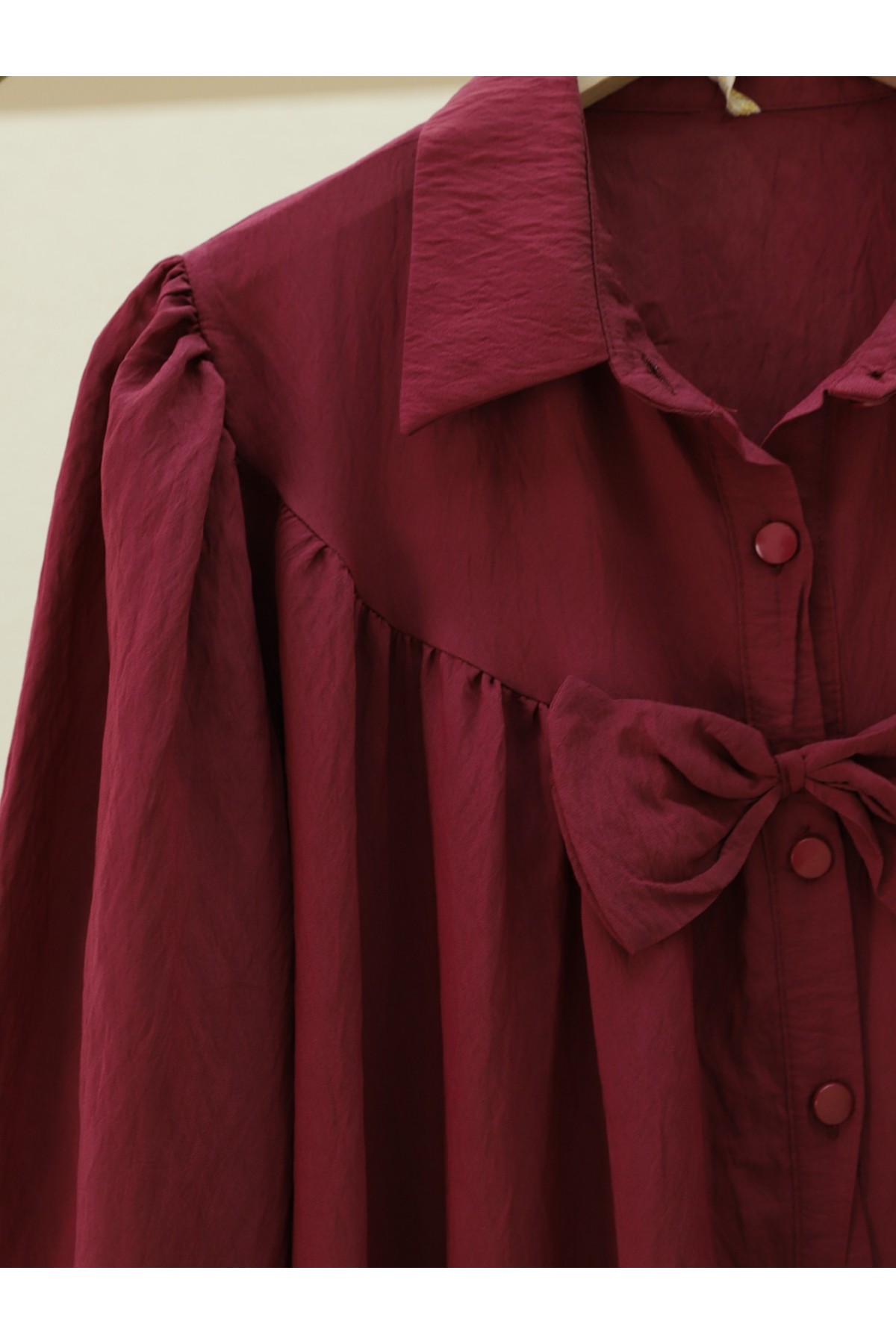 Önü Fiyonk Detaylı Parçalı Gömlek  -Bordo