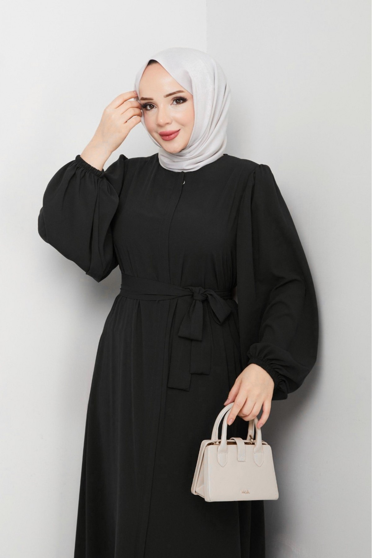 Kolu Lastikli Beli Bağlamalı Fermuarlı Ferace -Siyah