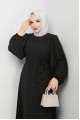 Kolu Lastikli Beli Bağlamalı Fermuarlı Ferace -Siyah