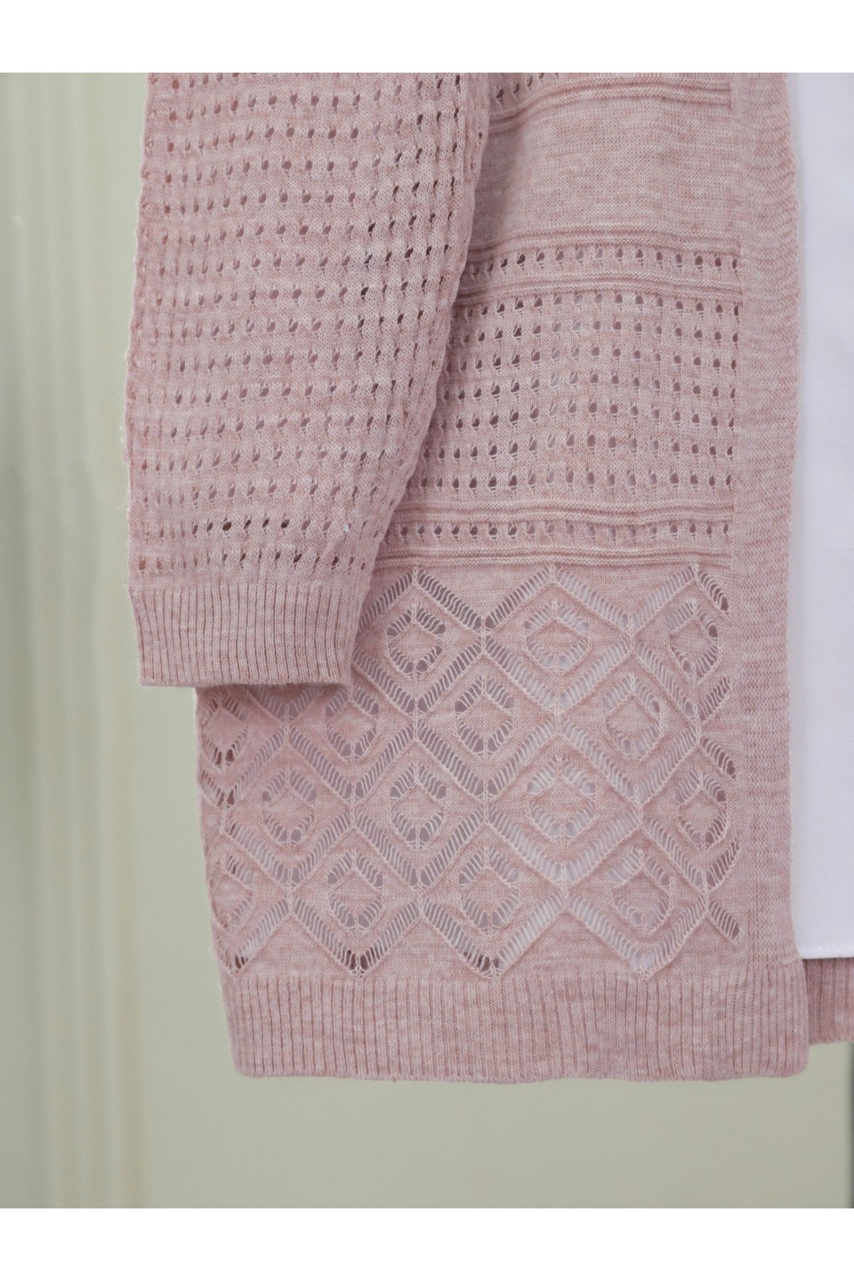 Ajurlu Mevsimlik Triko Hırka   -Pudra
