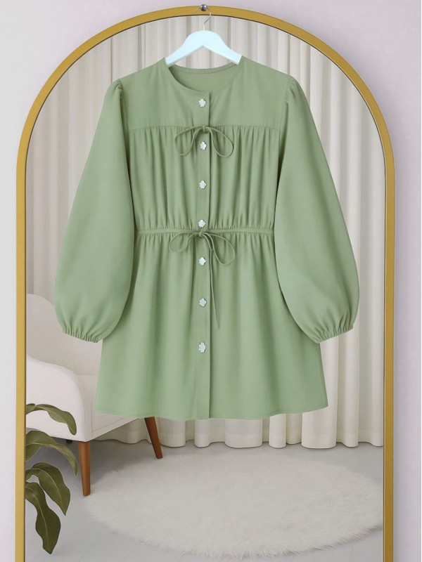 Taşlı Düğmeli Kolu Lastikli Bağlama Detaylı Gömlek -Su Yeşili
