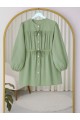 Taşlı Düğmeli Kolu Lastikli Bağlama Detaylı Gömlek -Su Yeşili
