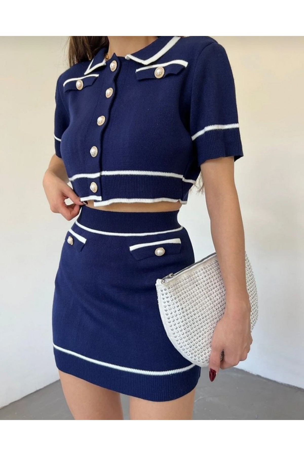 Cep Detaylı İnci Düğmeli Triko Crop Takım -Laci