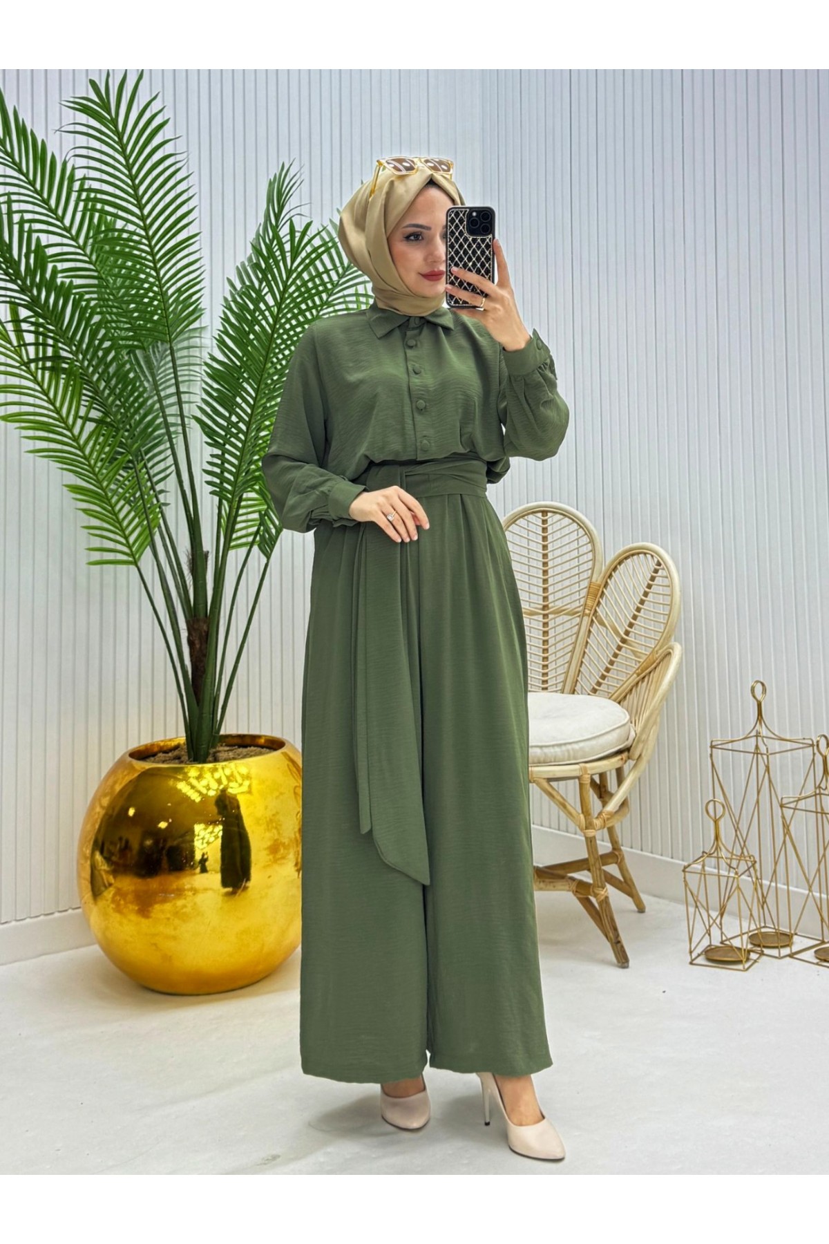 Yarım Düğmeli Kemerli Beli Lastikli Tulum -Haki