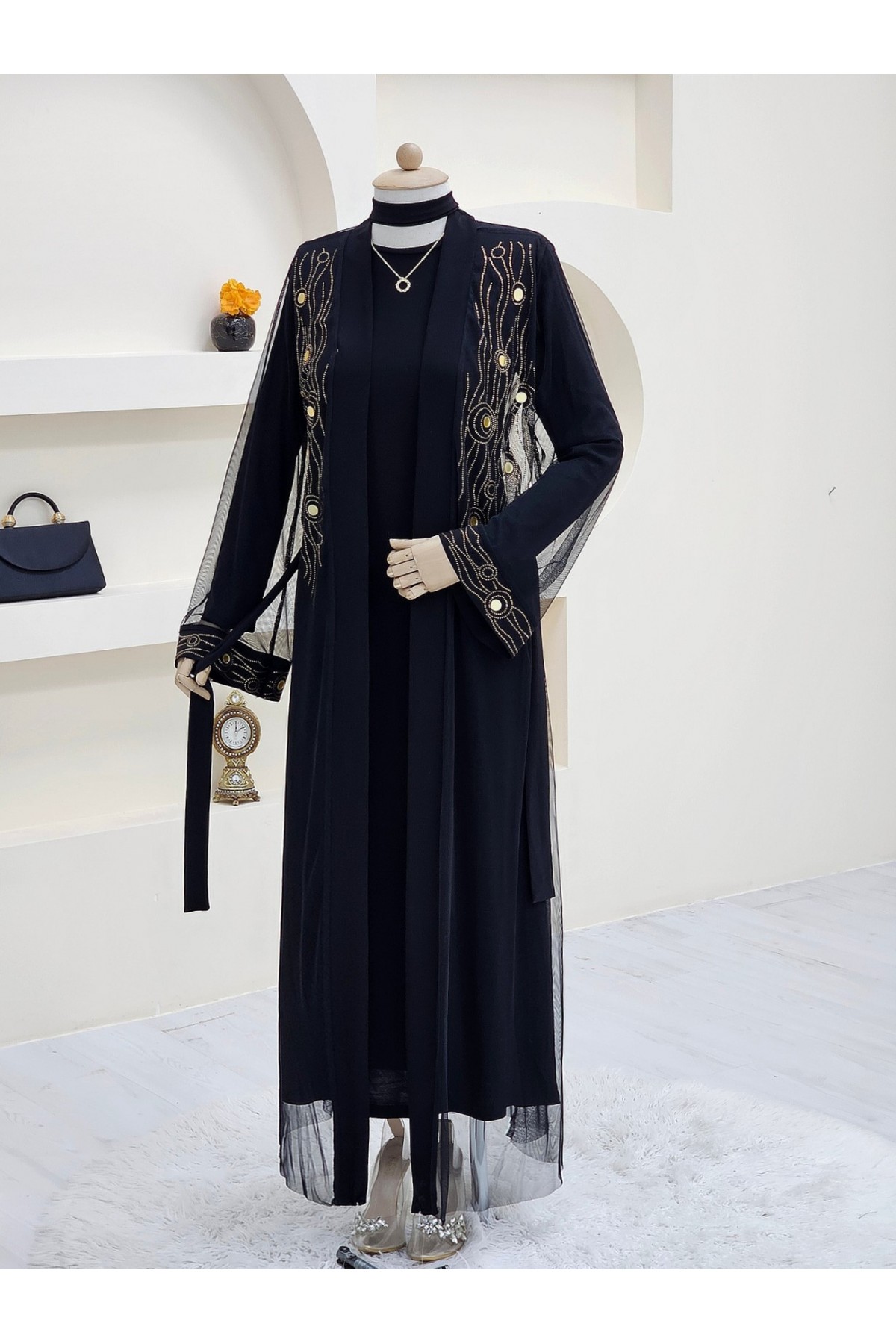 Önü Ve Manşeti Taşlı Abaya  -Bakır