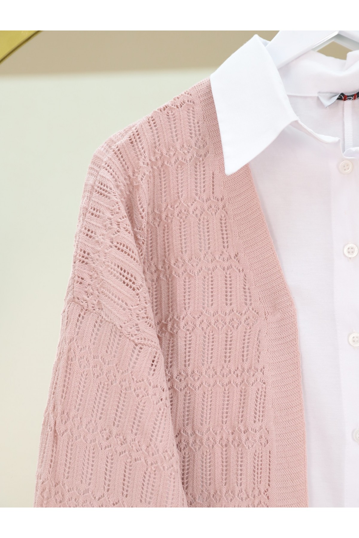 Ajurlu  Desenli Baharlık Hırka  -Pudra