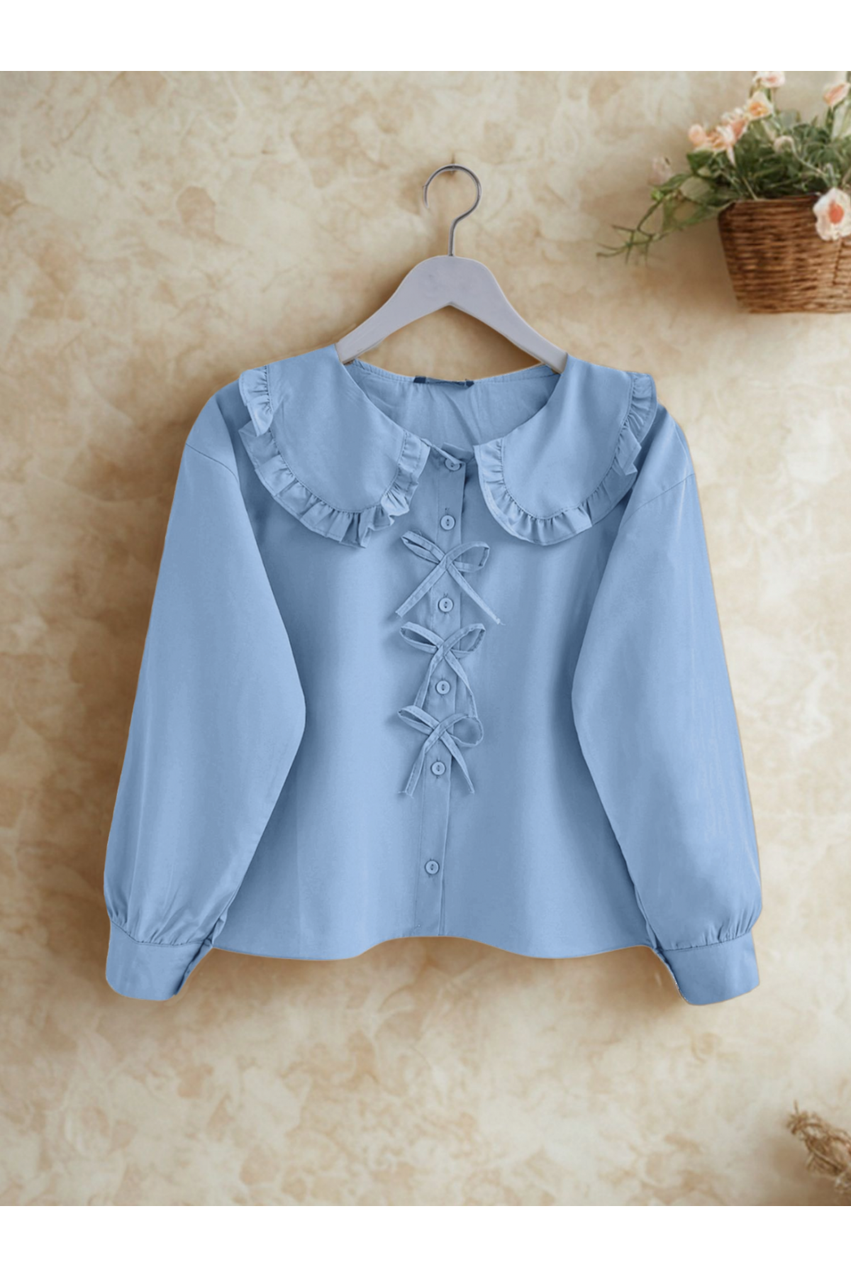 Bebe Yaka Kurdele Detaylı Gömlek  -Bebe Mavi
